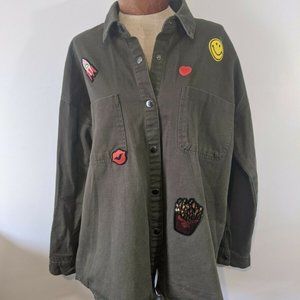 Army Green Button Down Long Sleeve Shirt w Patches